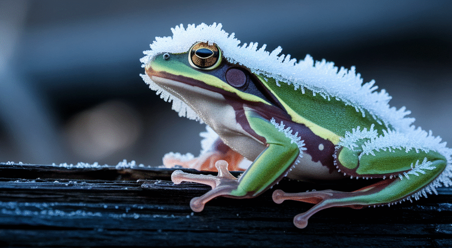 Wood frog frozen solid in winter