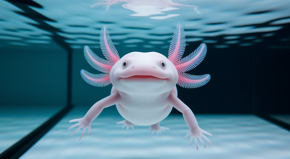 Portrait of a white axolotl in water