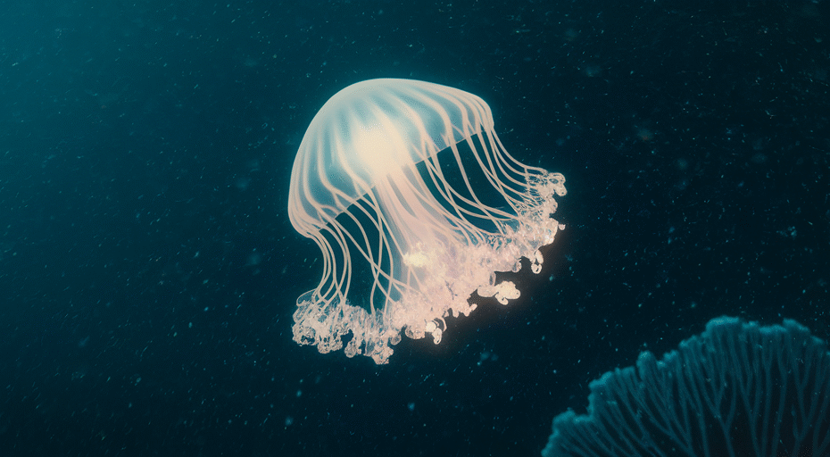 Bioluminescent immortal jellyfish in deep ocean.
