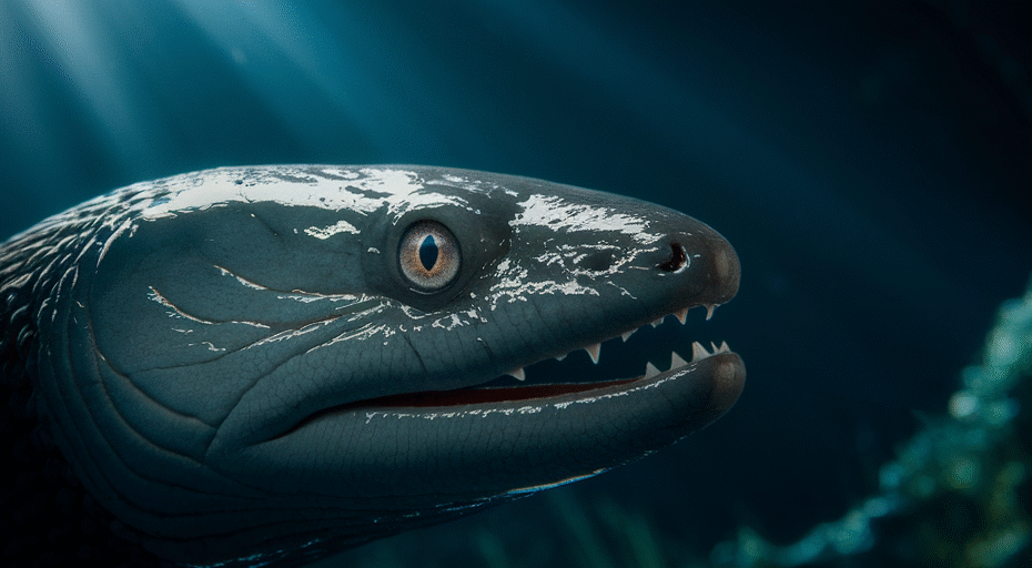 Close-up of an electric eel's head.