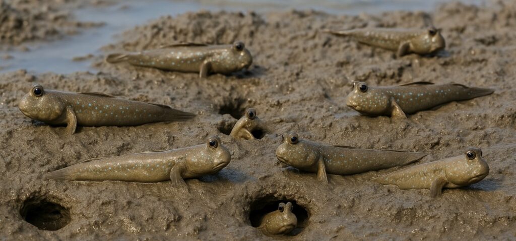 A group of mudskippers in and around their homes.