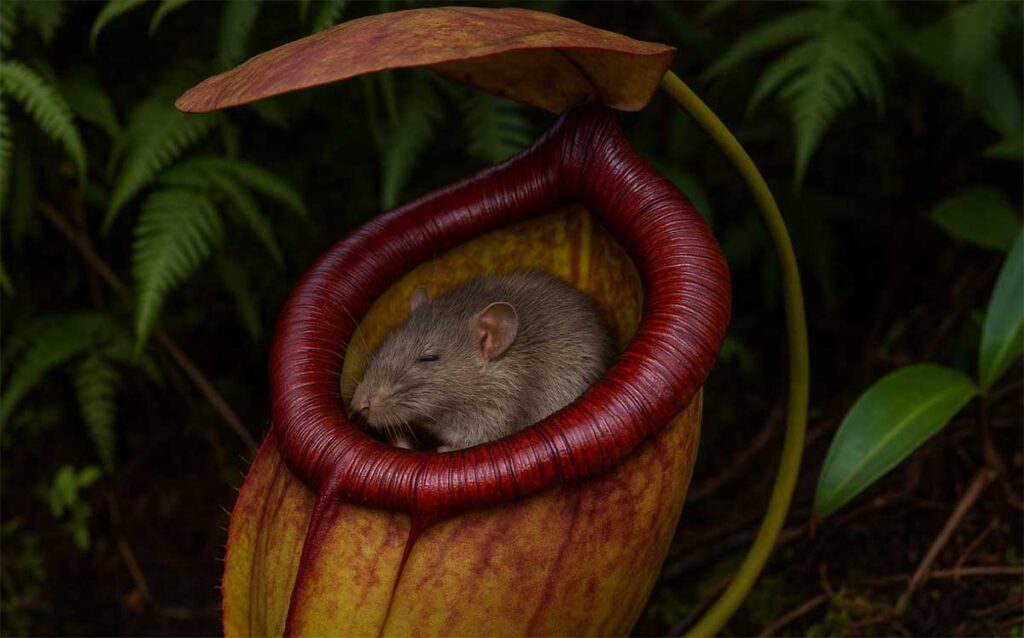 An altered image showing a rat inside of a Nepenthes Rajah, the plant that eats rats.
