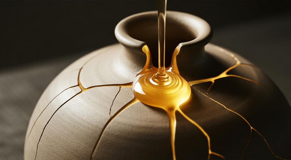 Golden gel sealing cracks in ceramic.