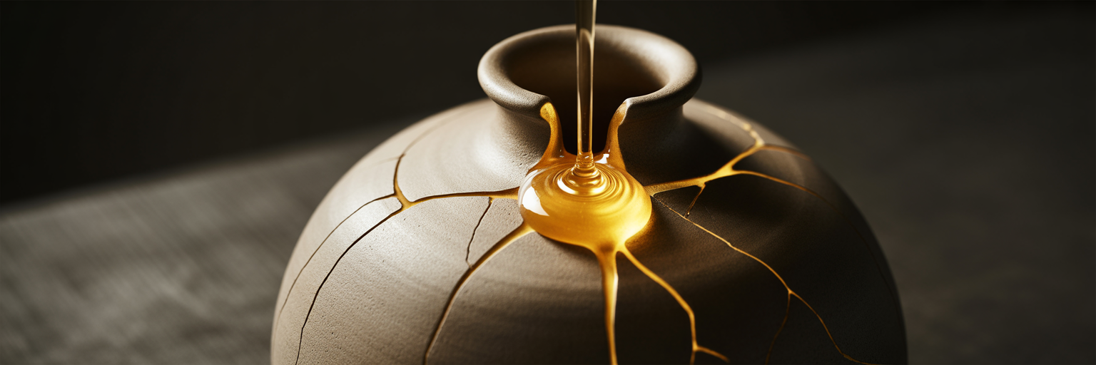 Golden gel sealing cracks in ceramic.