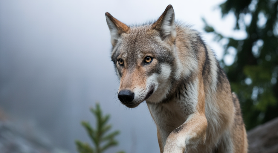 Wolf sniffing the air in a forest.