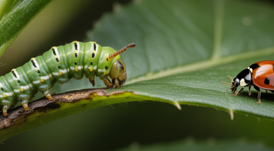 Ladybug predator approaching caterpillar on leaf.