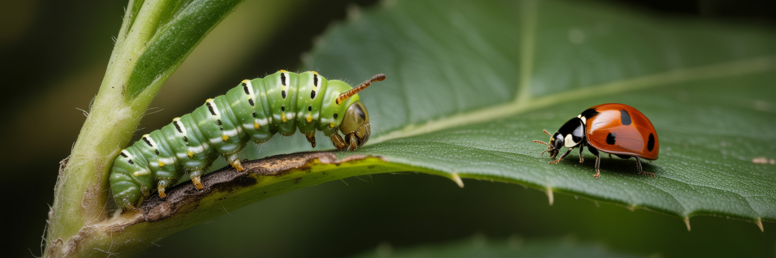 Ladybug predator approaching caterpillar on leaf.
