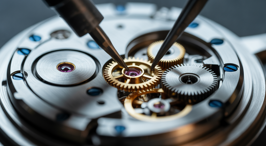 Tools modifying a complex watch movement.