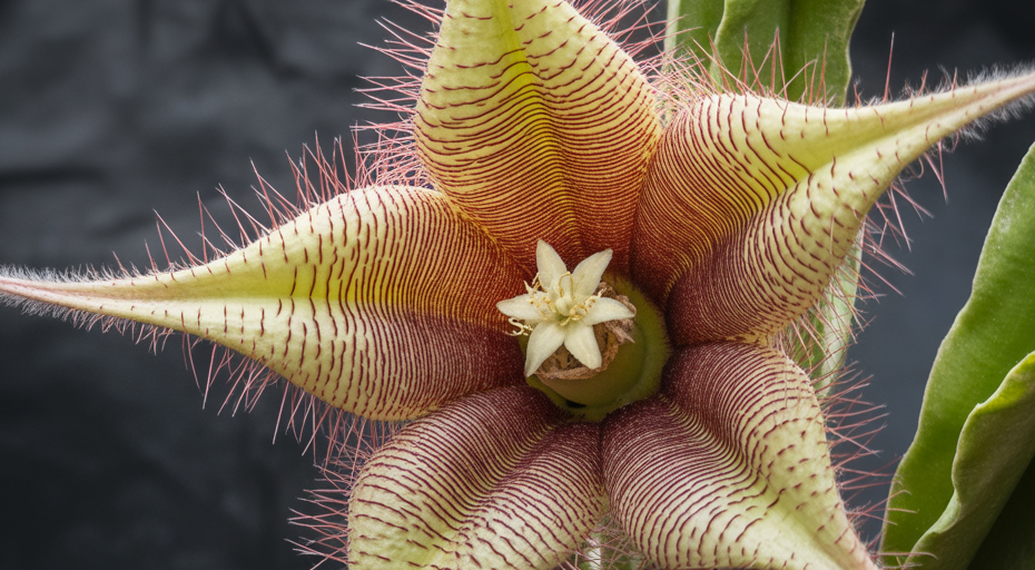 Macro shot of a fleshy star-shaped carrion flower.