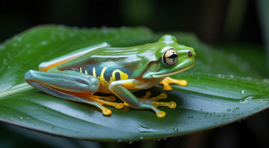 Translucent glassfrog on a green leaf.