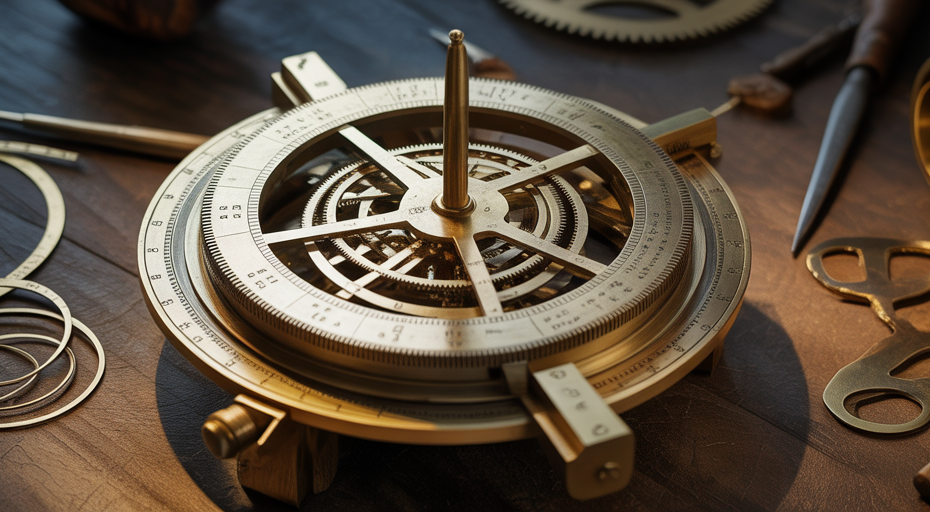 Intricate brass astrolabe on workbench