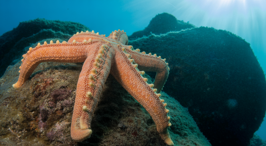 Starfish climbing over a rocky reef.