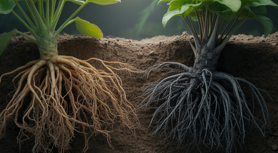 Plant roots competing under the soil.