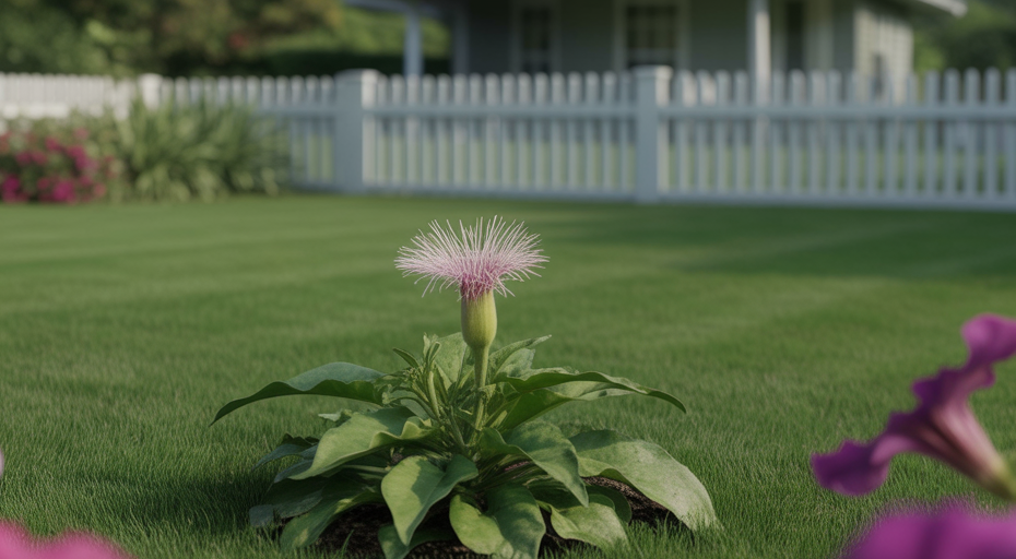 Hidden poisonous plant in suburban backyard.