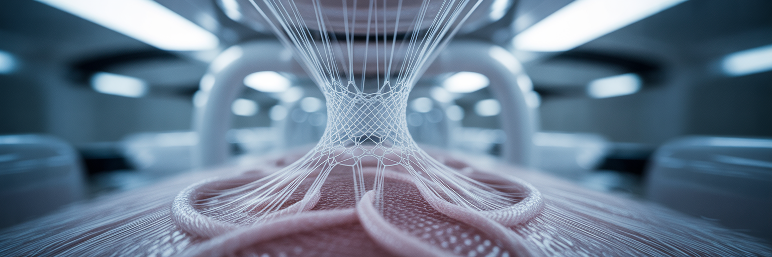 Futuristic loom weaving biological tissue.