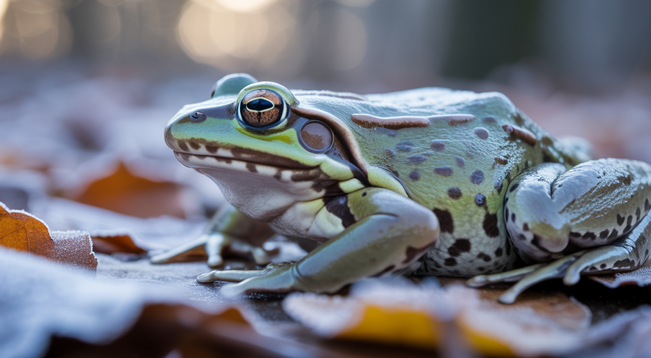 Wood frog frozen solid on icy leaves.