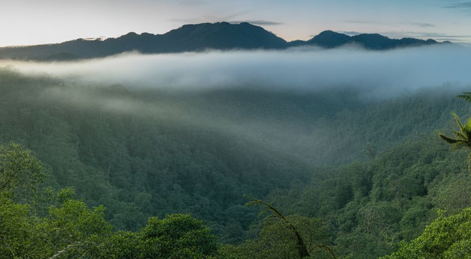 Misty New Guinea rainforest at dawn.