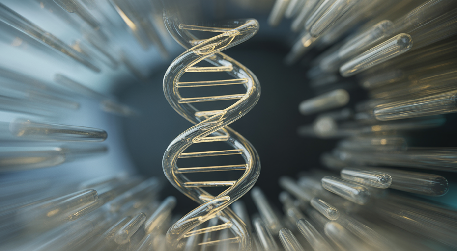 Glowing DNA helix withstanding a particle storm.