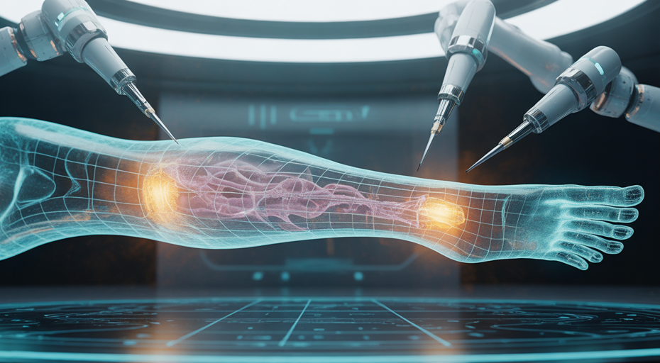 Robotic arms building a glowing limb