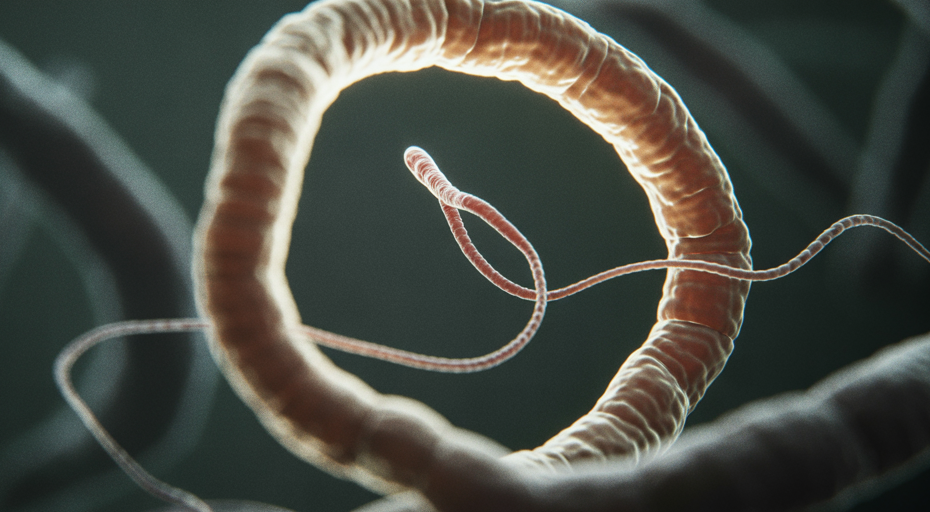Microscopic nematode trapped by predatory fungus.