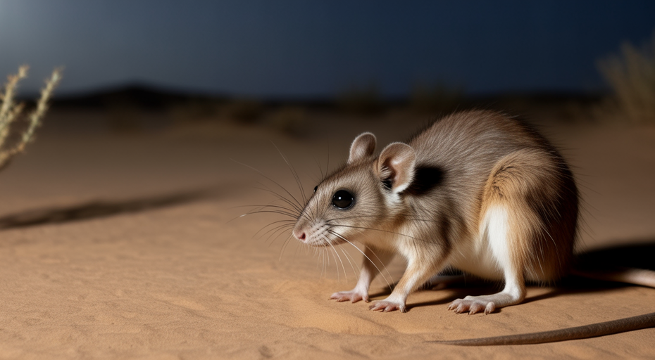 Kangaroo rat in the desert at night.