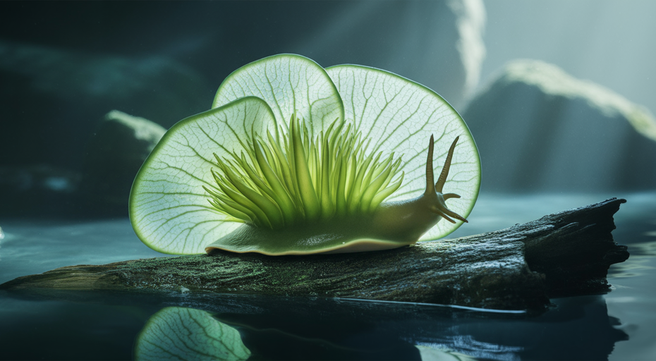 Solar-powered green sea slug glowing.
