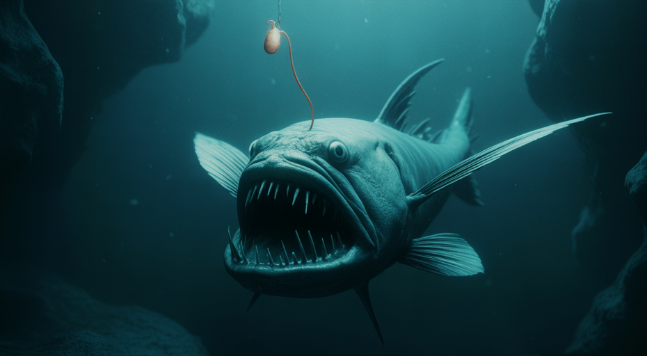 Terrifying anglerfish swimming upside down in the deep.