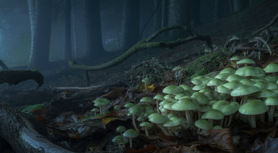 Eerie green glowing mushrooms on a dark forest floor.