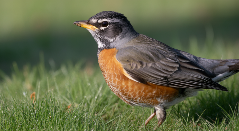 Intensely focused robin on a lawn