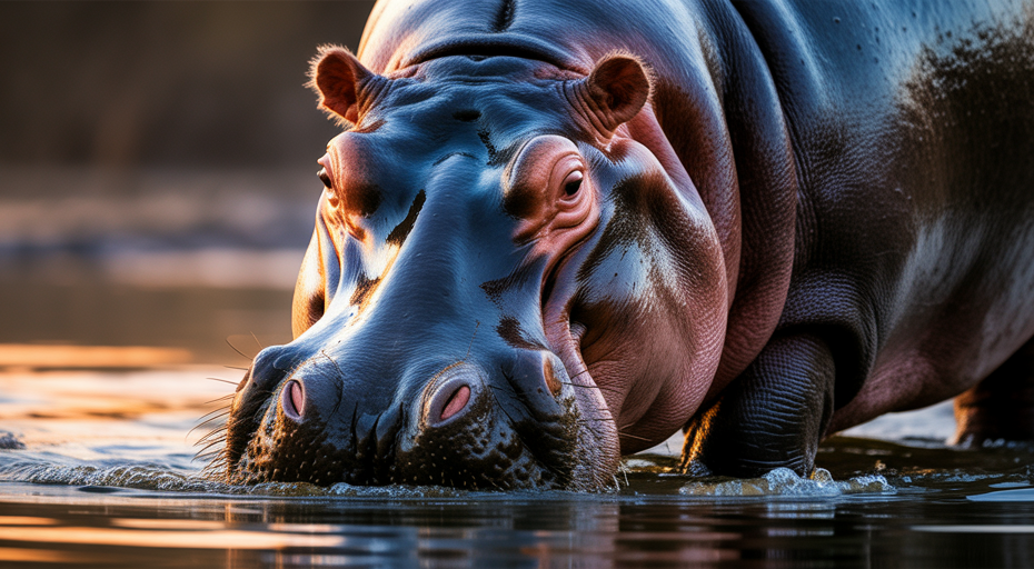 Hippopotamus emerging from water with red sunscreen secretion.