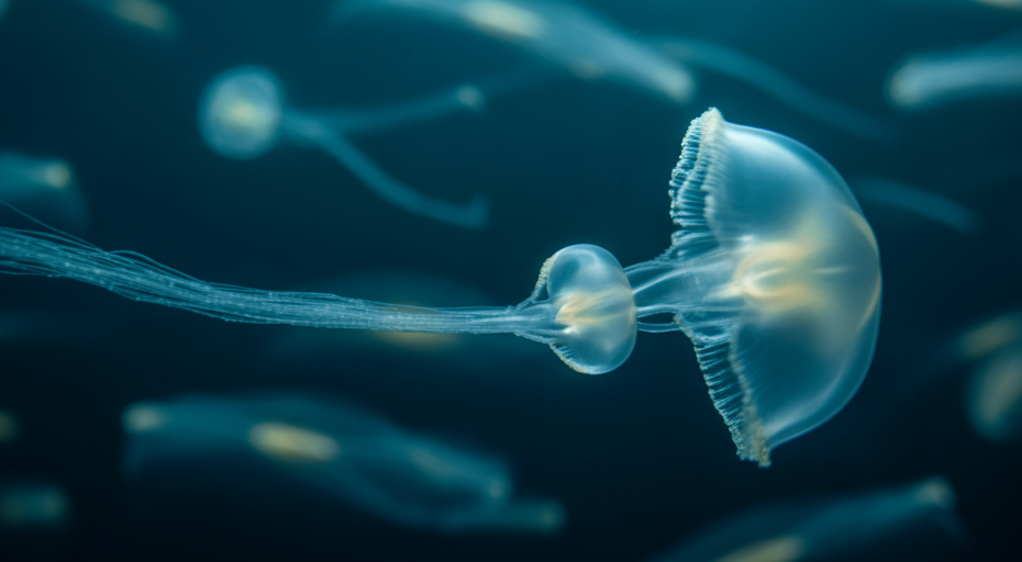 Luminous jellyfish cloning itself in deep ocean.