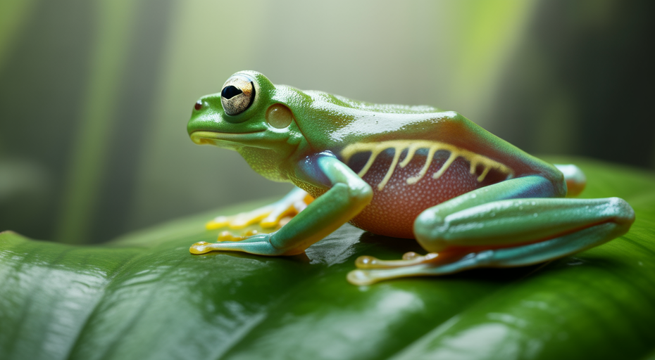 Glass frog with transparent underside on leaf.