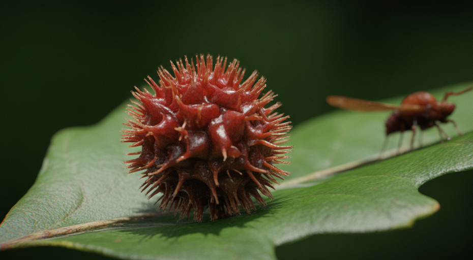 Intricate red insect gall on a green leaf.