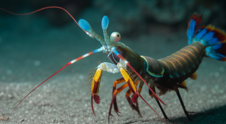 Peacock mantis shrimp mid-strike underwater.