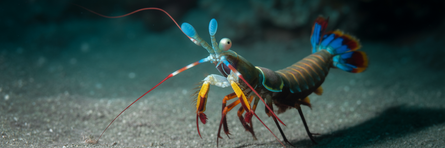 Peacock mantis shrimp mid-strike underwater.