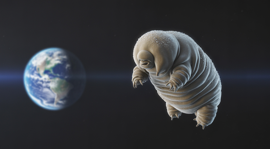 Microscopic tardigrade floating in space.