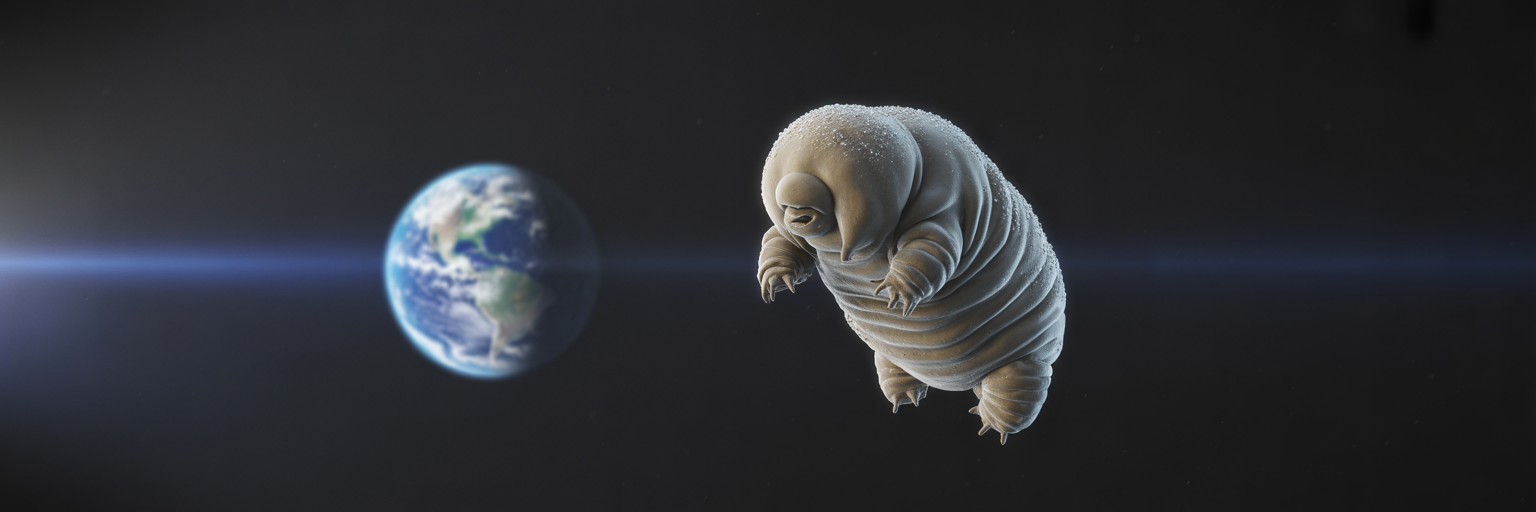 Microscopic tardigrade floating in space.
