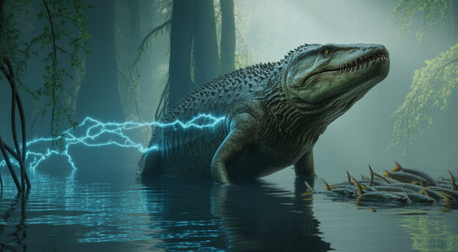 Prehistoric electric predator hunting fish