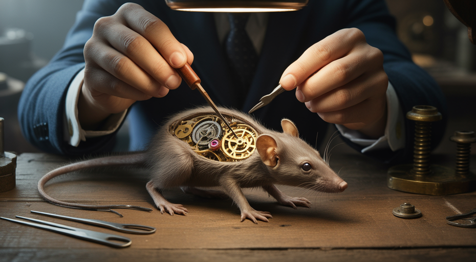 Clockwork shrew being adjusted by watchmaker.