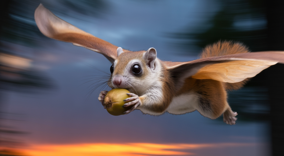 Flying squirrel gliding with an acorn.