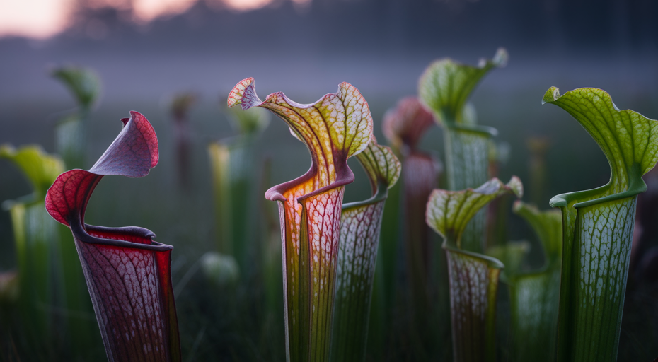Carnivorous pitcher plants in a misty bog at dusk.