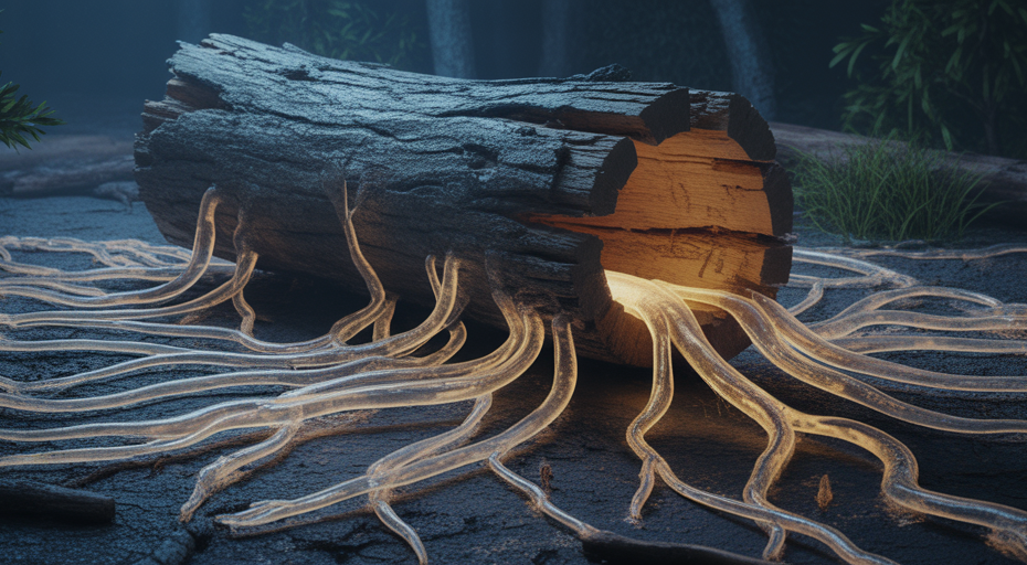 Glowing fungal network inside decaying log.
