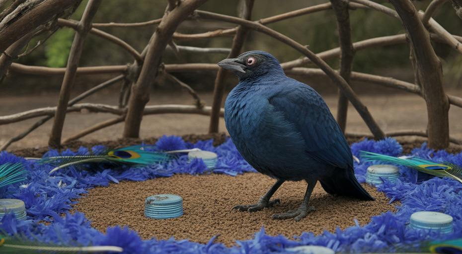Male bowerbird in decorated bower.