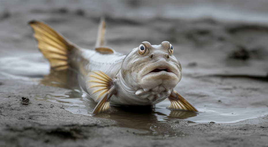 Mudskipper walking confidently on mud.