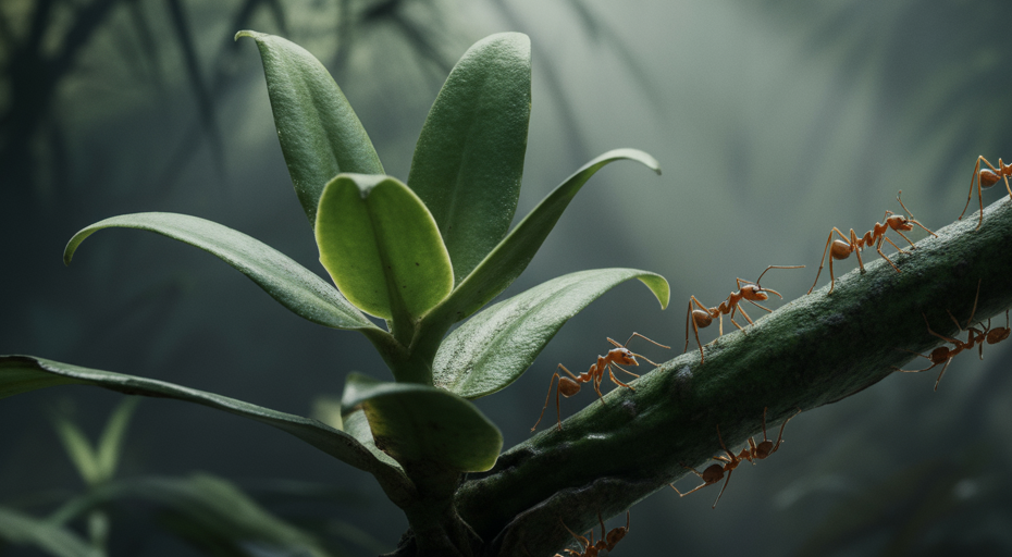 Ants patrolling a thorny plant.