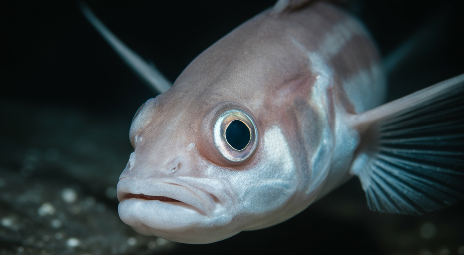 Eyeless Mexican cavefish in dark water.