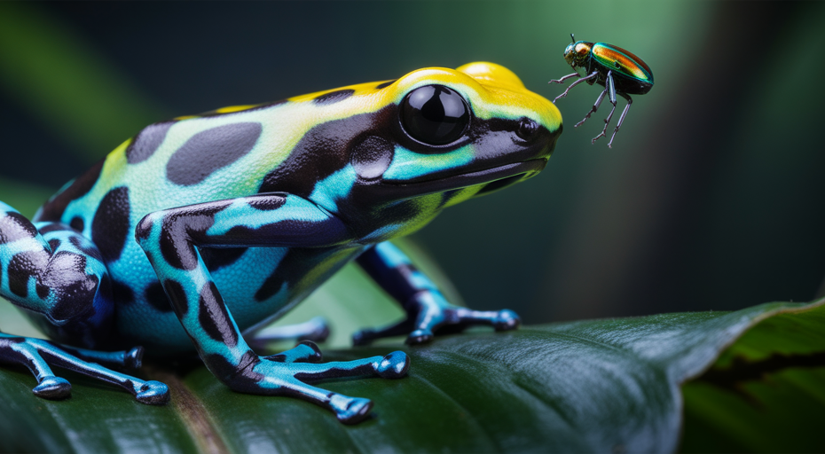 Blue poison dart frog on leaf.
