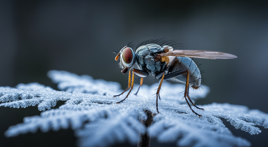 Macro photo of snow fly on snowflake.