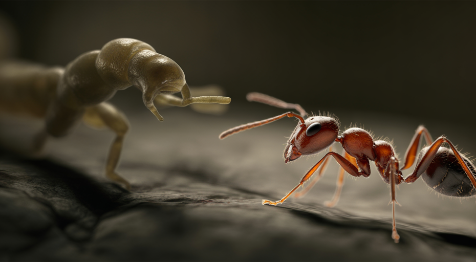 Ant facing a menacing fungal structure.