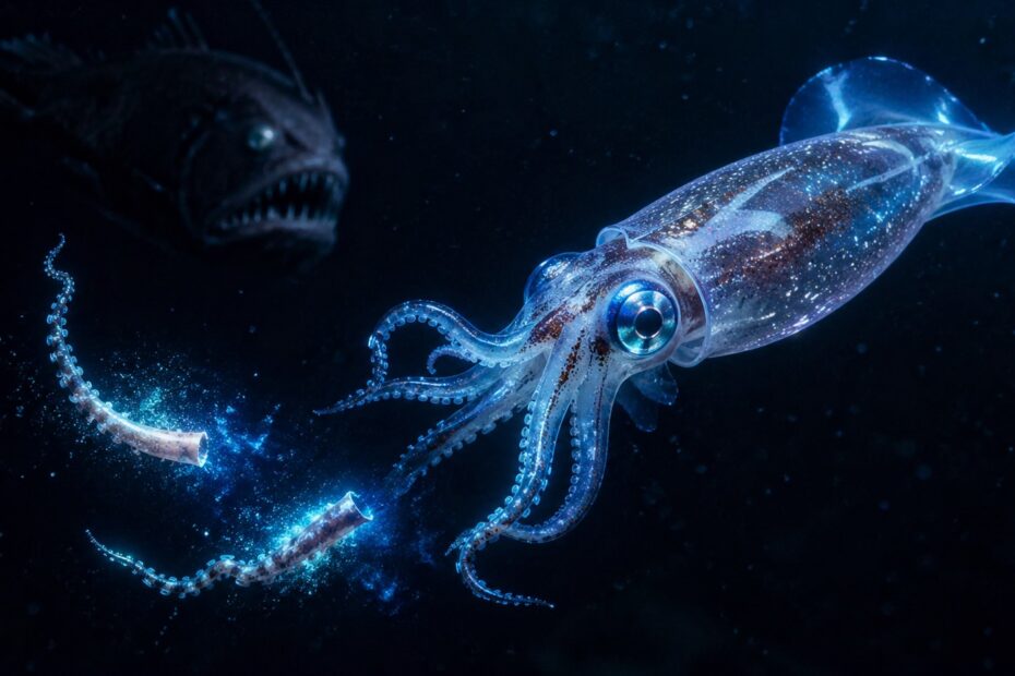 A squid losing a tentacle to a predator.